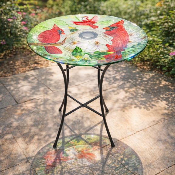 Outdoor Bird Bath, Solar Bird Bath, Red Bird Pattern, with Metal Stand, Attracts Birds,for Garden,Lawns,Patio