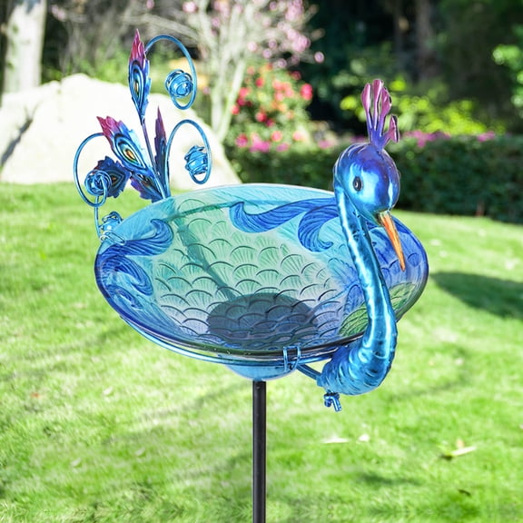 Outdoor Bird Bath Solar Light Birdbath Small Birdfeeder with Peacock Metal Stake for Garden Yard Decor