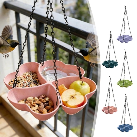 Outdoor Bird Feeder Four-Leaf Clover Hanging | Dual Water & Food Dispenser | Plastic Multi-Compartment | Easy Install, Weather-Resistant, Green Blue Purple Pink | 18.1"x9" | Balcony Garden Bird