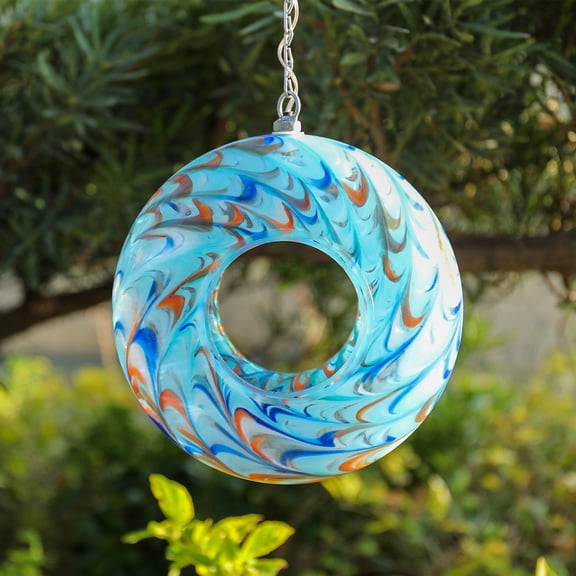 Outdoor Bird Feeder,Swirl Glass Solar Bird Feeder,Fly-Through Design with LED Lights, Decorative Outdoor Accent for Garden & Bird Watching Decor