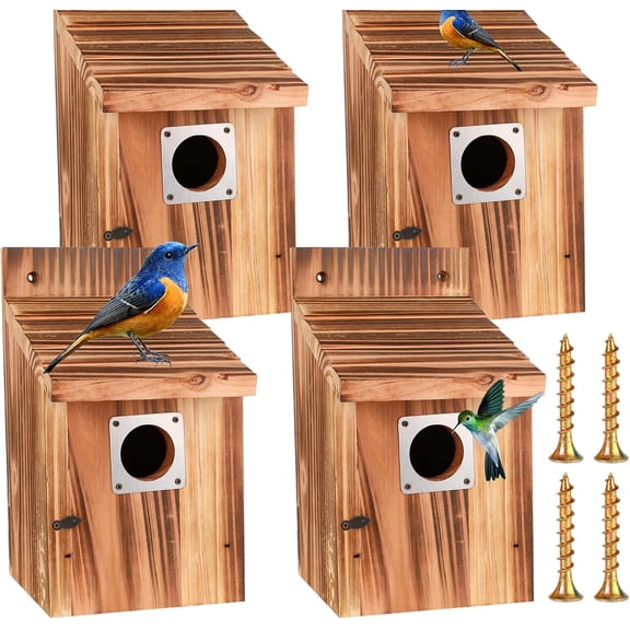 Outdoor Bird House Set with Metal Guards, Safety Locks, Flight Slots, and Ventilation for Bluebirds, Wrens, Finches