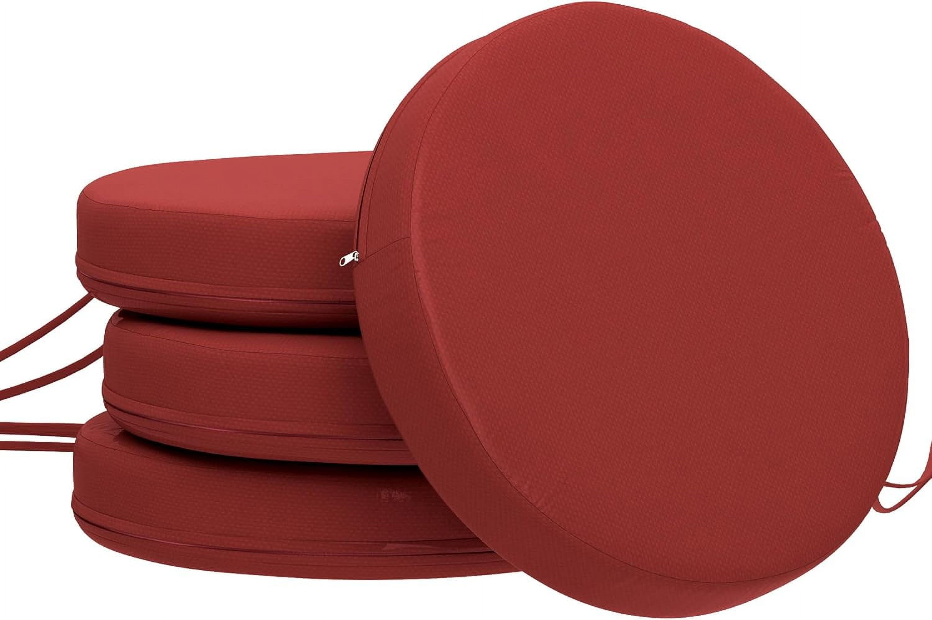 Outdoor Bistro Chair Cushions Set of 4 with Machine Washable Cover, 15" x 15" x 3" Thick Round Seat Cushions for Patio Furniture with Ties, Chair Pads for Dining Chairs, Wine Red
