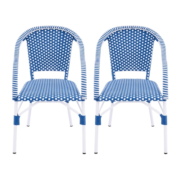 Outdoor Bistro Chairs, Patio Dining Chairs with Aluminum Frame, Weather Resistant PP Rattan Armchairs for Porch, Garden, Backyard, Cafe (Set of 2), Natural+Blue+White