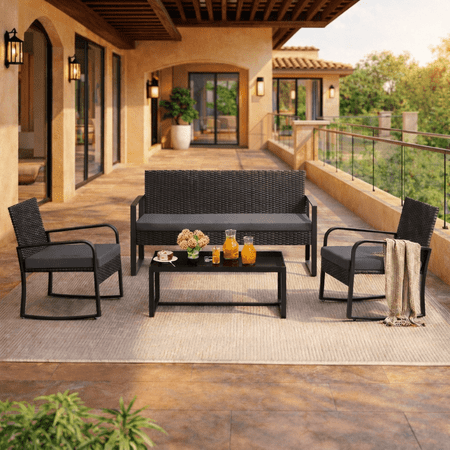 4-Piece All-Weather steel Patio Conversation Set - Thick Cushioned Outdoor Sofa with Tempered Glass Coffee Table, Waterproof Backyard/Porch/Balcony/Poolside Furniture Dark Grey
