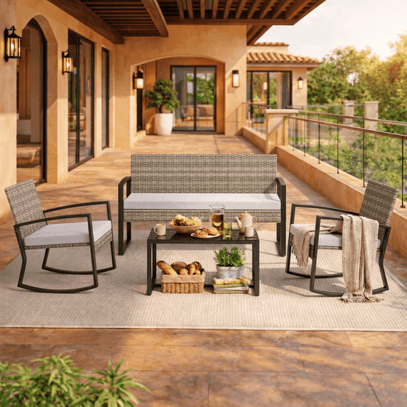 4-Piece All-Weather Wicker Patio Conversation Set - Thick Cushioned Outdoor Sofa with Tempered Glass Coffee Table, Waterproof Backyard/Porch/Balcony/Poolside Furniture Beige
