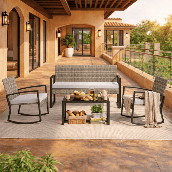 4-Piece All-Weather Wicker Patio Conversation Set - Thick Cushioned Outdoor Sofa with Tempered Glass Coffee Table, Waterproof Backyard/Porch/Balcony/Poolside Furniture Beige
