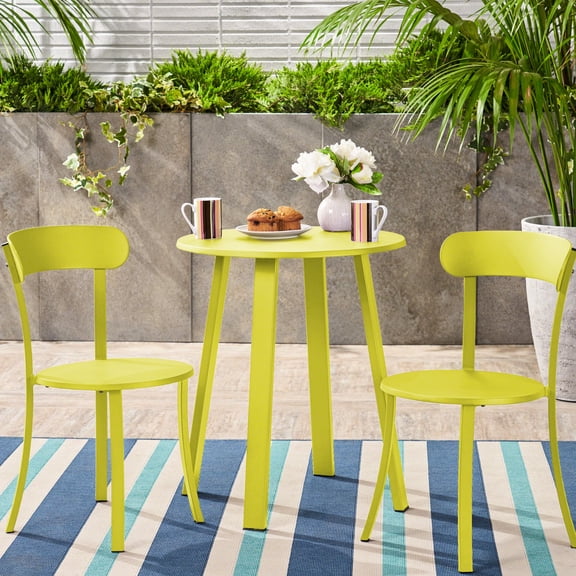 Outdoor Bistro In Lime Matte, Iron Made, And Charming, 2 Chairs & 1 Table Powder-coated , Matte Finish, Charming Hangout With