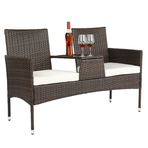 Outdoor Bistro Loveseat Set, Modern PE Rattan Patio Conversation Set, Small Balcony Furniture Set with Thick Cushion, Outdoor Wicker Chair for Garden Backyard Poolside, JA2219