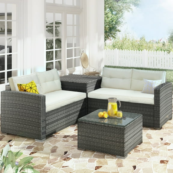 Outdoor Bistro Patio Furniture Sets, SEGAMRT 4 Pieces Outdoor Wicker Furniture Set with Beige Seat Cushions & Tempered Glass Coffee, Conversation Sets for Porch Poolside Backyard, S9168