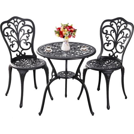 Outdoor Bistro Set 3 Piece Patio Bistro Set, Cast Aluminum Bistro Table and Chairs Set of 2, Small Patio Table Set for Porch, Black