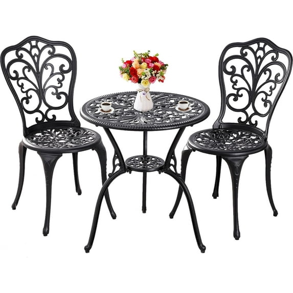 Outdoor Bistro Set 3 Piece Patio Bistro Set, Cast Aluminum Bistro Table and Chairs Set of 2, Small Patio Table Set for Porch, Black