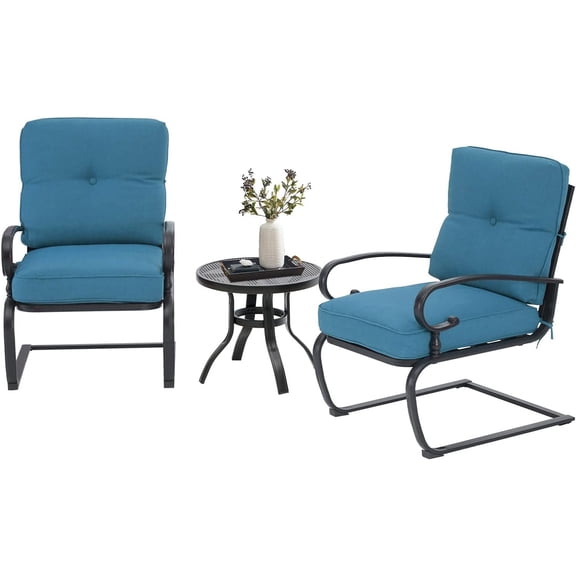 Outdoor Bistro Set 3-Piece Spring Metal Lounge Cushioned Chairs and Bistro Table Set Wrought Iron Cafe Furniture Seat, Blue