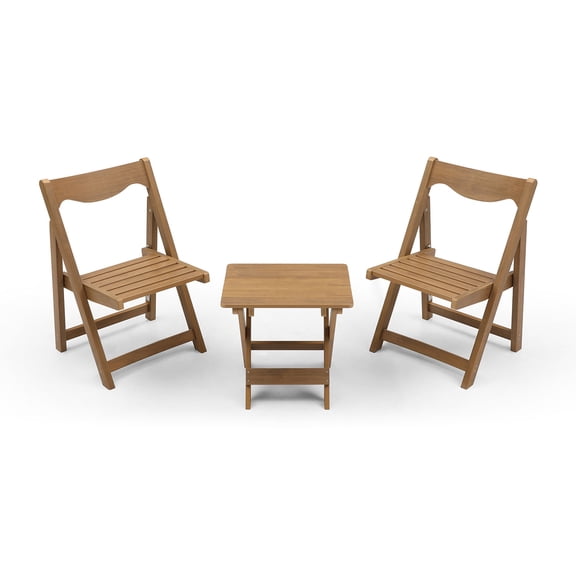 Outdoor Bistro Set, Foldable Small Table and Chair Set with 2 Chairs for Small Spaces, Teak