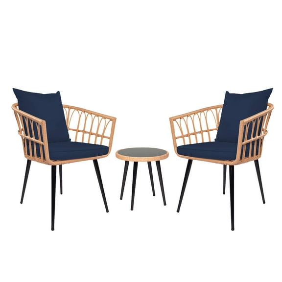 Outdoor Bistro Sets, 3 Piece Natural Color Wicker Chairs Set, Navy Cushioned Patio Conversation Chairs Sets with 2 Armchairs and Tempered Glass Coffee Table, for Yard, Deck, Poolside, D8555