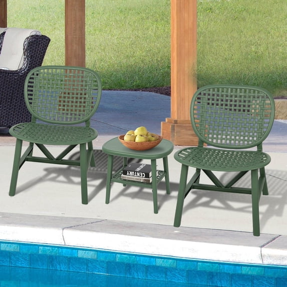 Outdoor Bistro Sets, Syngar 3 Piece All-Weather Chairs Set, Patio Conversation Chairs Sets with 2 Armchairs and Coffee Table with Open Shelf, for Yard, Deck, Poolside, Green
