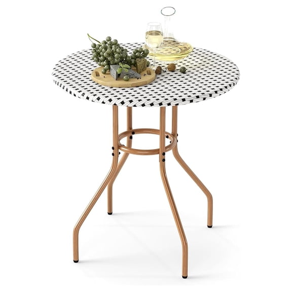 Outdoor Bistro Table, 27.5 Round Patio Table PE Rattan & Metal Frame, Garden Backyard Balcony Dining Table for 2, Black & White