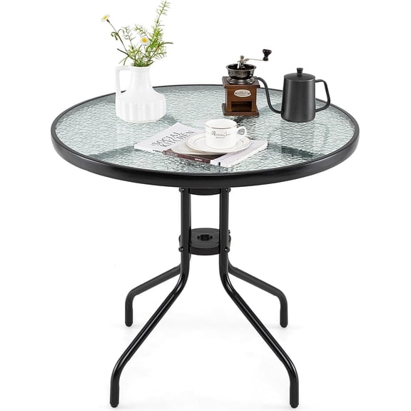 Outdoor Bistro Table, 32" Patio Round Dining Table with Tempered Glass Tabletop & 2" Umbrella Hole, for Garden Backyard Poolside Porch
