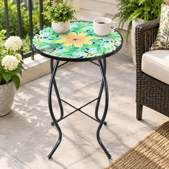 Outdoor Bistro Table Bee Design Round Glass Top Patio Accent End Table