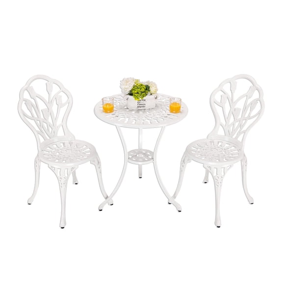 Villeston Outdoor Bistro Table and Chair set of 2, 3 Piece Outdoor Patio Set, Tulip Pattern Cast Aluminum Patio Bistro Set for Garden, Balcony, Poolside, Durable Rust All-Weather Resistance, White