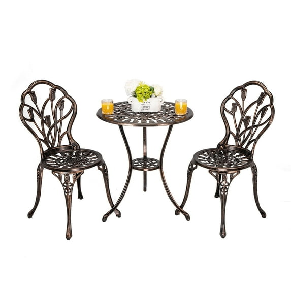Villeston Outdoor Bistro Table and Chair set of 2, 3 Piece Outdoor Patio Set, Tulip Pattern Cast Aluminum Patio Bistro Set for Garden, Balcony, Poolside, Durable Rust All-Weather Resistance, Bronze