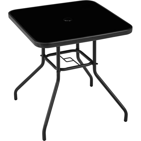 Small Outdoor Dining Table with Umbrella Hole 28-Inch Square Patio Table, Screen-Printed Glass Top, Weather-Resistant Suitable for Garden, Poolside, Balcony, and Backyard Black