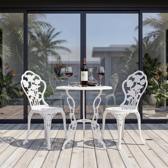 Outdoor Bistro Table and Chairs Set 2 Cast Aluminum Patio Bistro Set with Umbrella Hole,Bistro Table Set for Garden,Yard,White Bistro Set