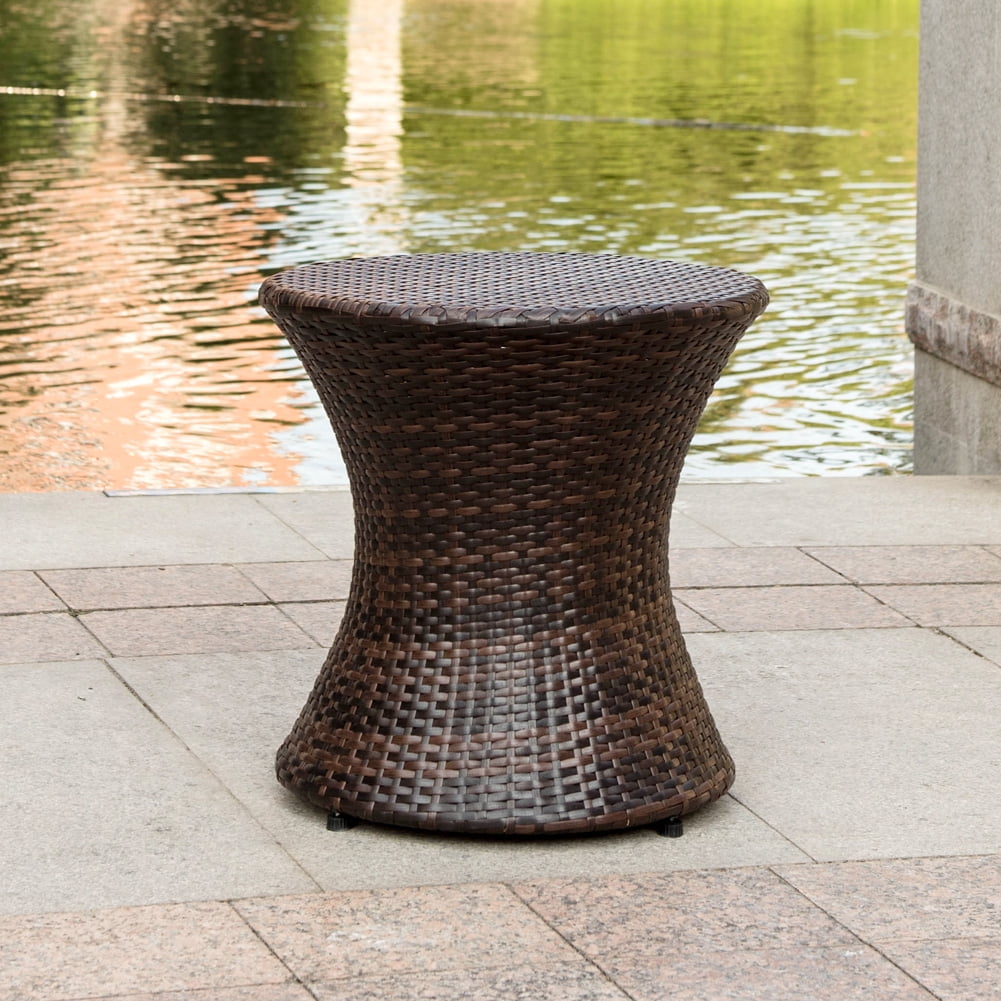 Hourglass Variegated Brown Wicker Patio Side Table with Steel Frame