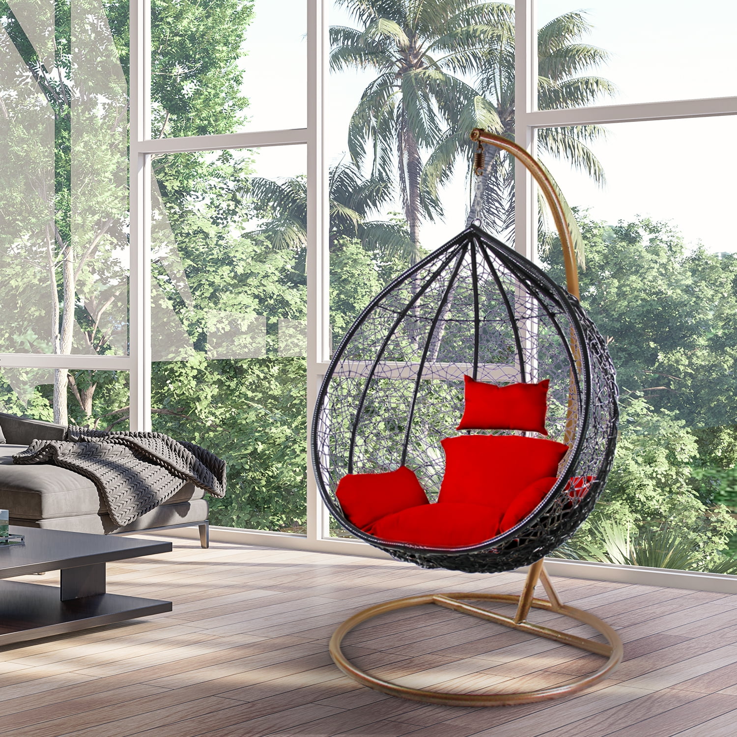 Rattan Swing Chair Black And Red Outdoor Decor Black Patio Lounge