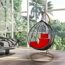Outdoor Black Patio Lounge Chair Red Cushion Wicker Rattan Hanging Swing for Bedroom Balcony Garden