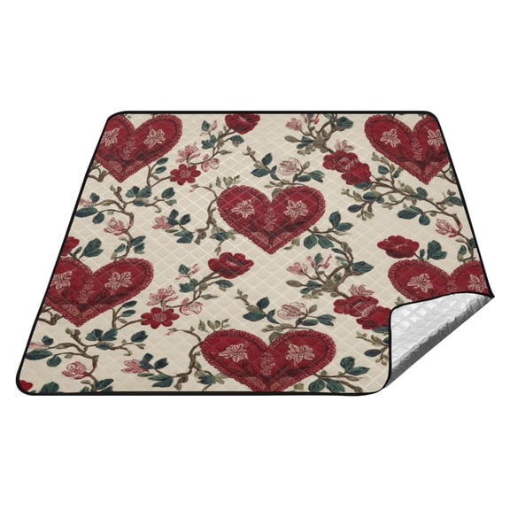Outdoor Blanket For Camping Water Proof Quilted Picnic Mat 78'x78' Red Embroidery