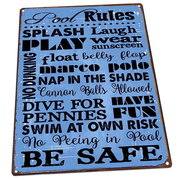 Outdoor Blue Pool Rules 9"x12" Metal Sign, Wall Decor for Porch, Patio, or Deck, Guaranteed Not to Fade for 4 Years