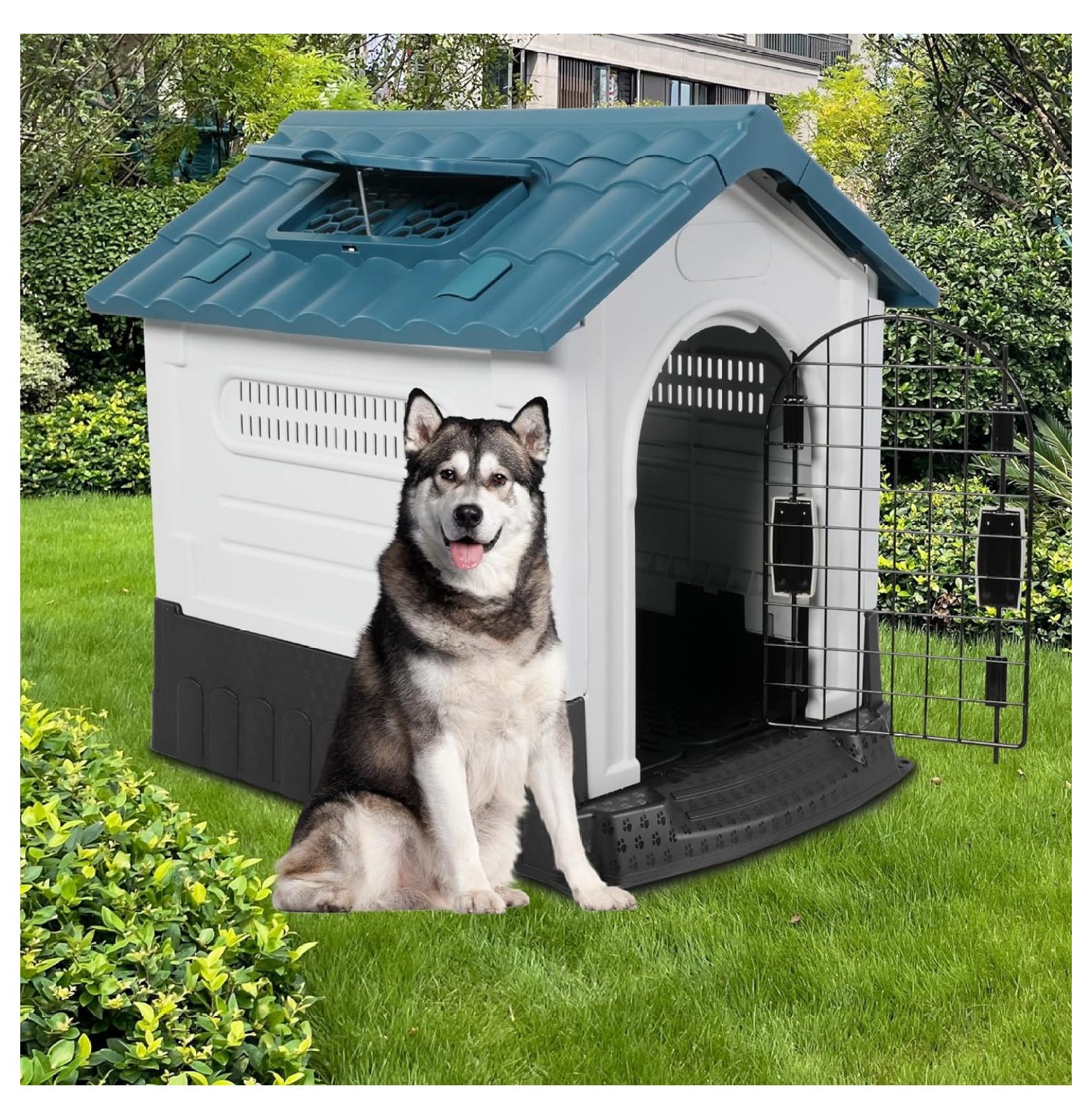 Outdoor Blue Sloped Roof Dog House for Small to Medium Dogs, 46.4