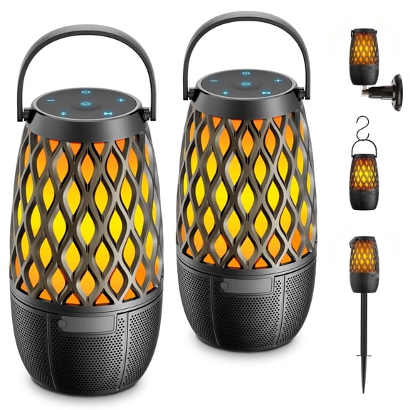 Outdoor Bluetooth Speakers, Waterproof Portable Wireless Speaker with Flame Lights, Multi-Sync up to 100, Gifts for Men Women, Tiki Torch Lantern for Patio Garden Party, 2 Pack