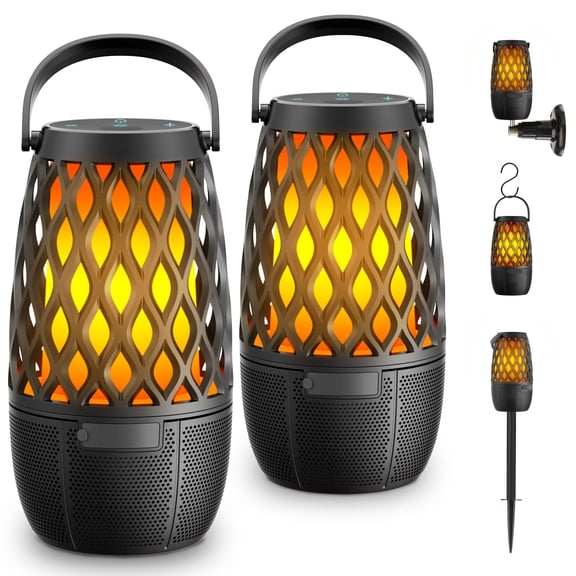 Outdoor Bluetooth Speakers with LED Flame Light, IPX5 Waterproof, Bluetooth 5.3 Multi-Sync up to 100, Lantern Speaker with 360 Stereo Sound for Patio Garden Party, 2 Pack