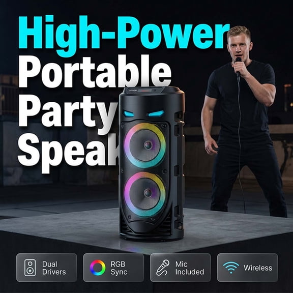Outdoor Bluetooth Speaker with Microphone and RGB Lights, 16W Powerful Portable Wireless Speaker for Garden, Camping, Sports, Karaoke, 6.5 x 6.5 x 16.1 Inches, Includes Remote and Shoulder Strap