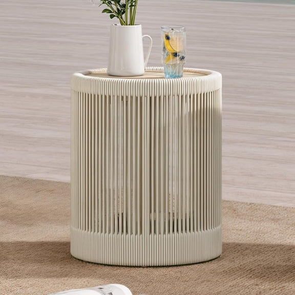 Outdoor Boho Wicker Side Table with Adjustable Foot Leveler and Acacia Wood Top,16 Inch Patio Rattan End Table, Fully Assembled(Cream)