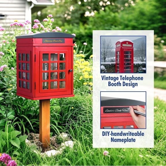 Outdoor Book Sharing Box, Waterproof Tin Roof Wooden Book Exchange Cabinet for Communities, Neighborhoods, and Schools, DIY Literature Storage for Books, Magazines, and Art (Red Tel. Booth)