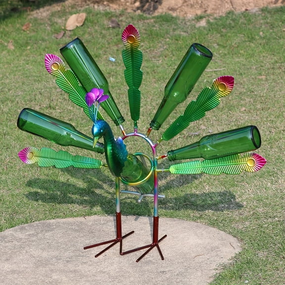 Outdoor Bottle Tree With Peacock Metal Stake For Outdoor Colorful Garden Decorative Bottle Holder & Outdoor