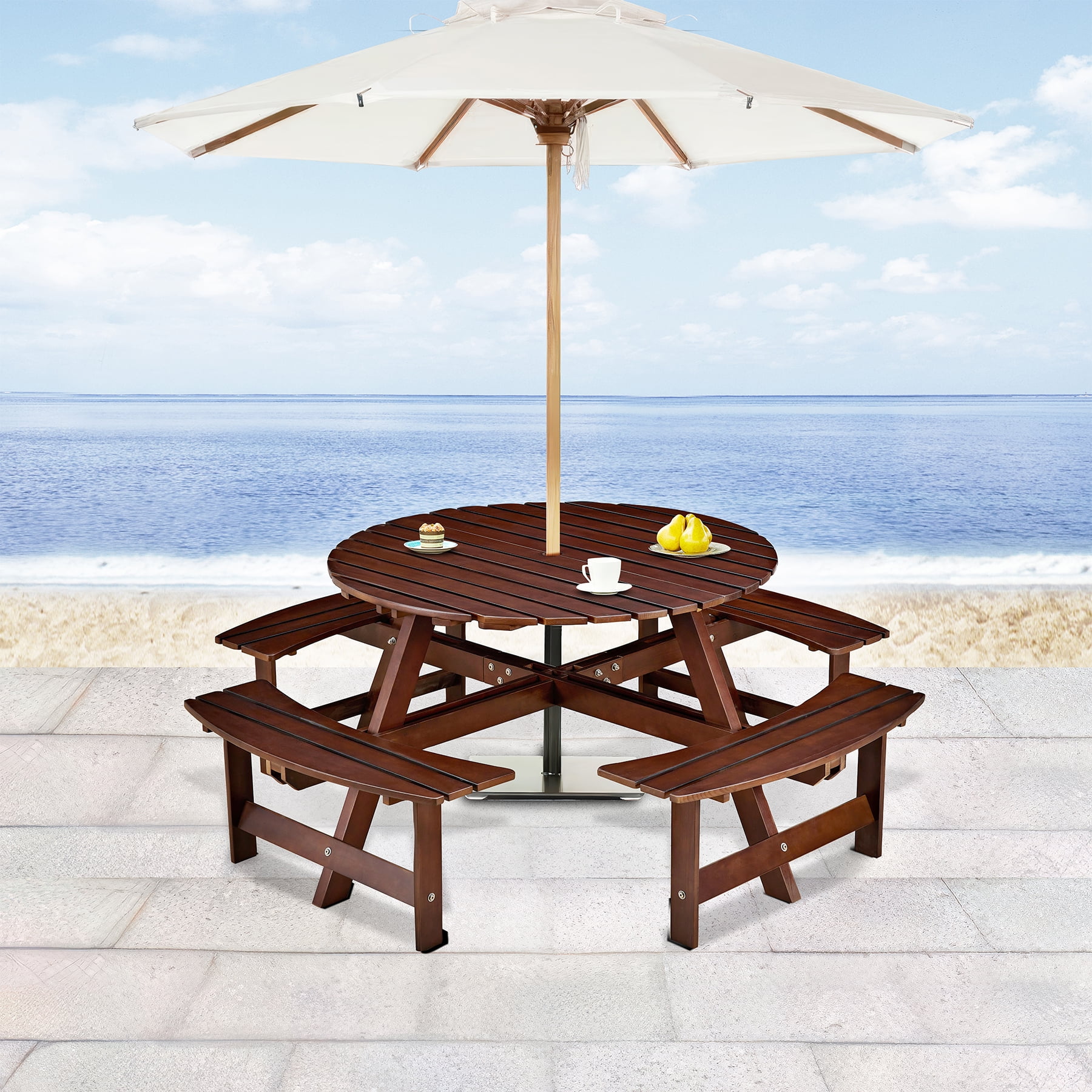 Brown Wood Round 8-Person Picnic Table with Built-in Benches and Umbrella Hole