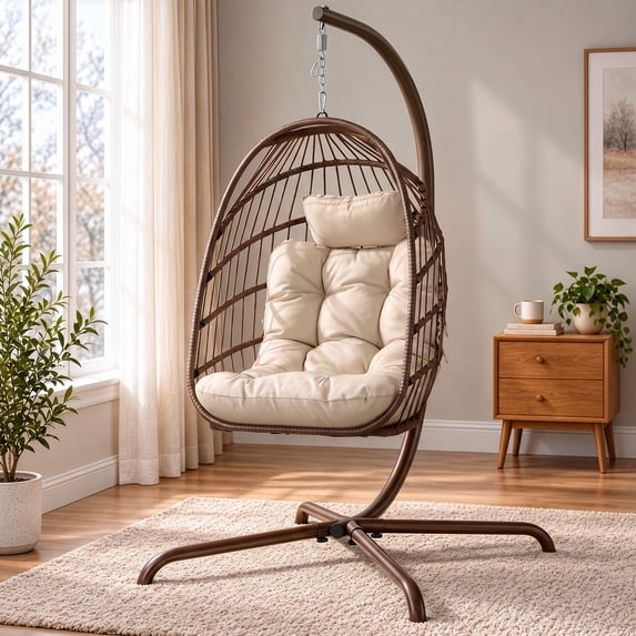 Outdoor Brown Swing Egg Chair with Stand Wicker Hanging Egg Chair with Cushions, 350 lb Max