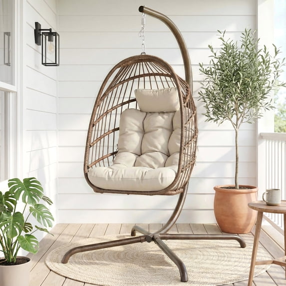 Outdoor Brown Swing Egg Chair with Stand Wicker Hanging Egg Chair with Cushions, 350 lb Max