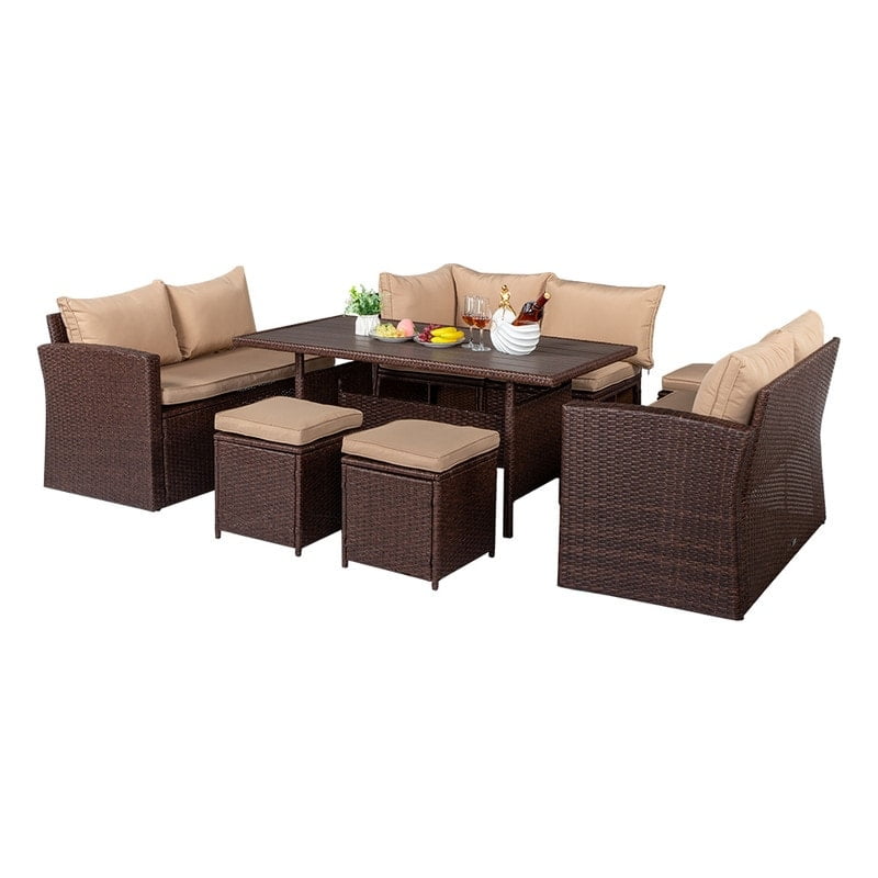 Outdoor Brown Wicker 8-Piece Dining Set with Beige Cushions