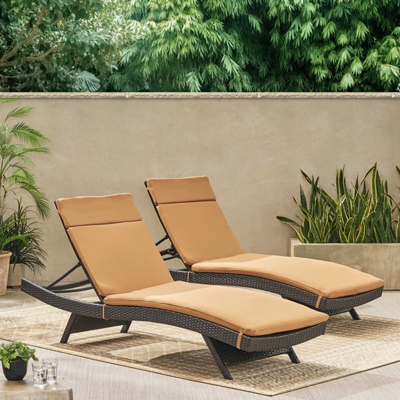 Outdoor Brown Wicker Adjustable Chaise Lounge with Caramel Cushion (Set of 2)