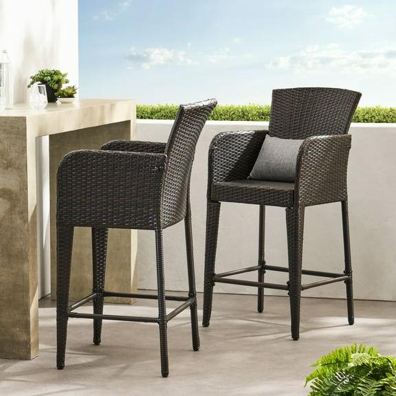 Outdoor Brown Wicker Barstool (Set of 2)