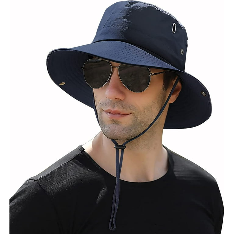 Outdoor Bucket Hat Waterproof Sun UPF 50+ Brimmed Boonie for Women Men  Lightweight Hiking Safari Cap Beach Hat(56-58cm,Navy blue)