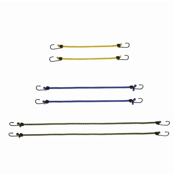Outdoor Bungee Cords 6 pcs - Assorted 30/40/60cm Heavy Duty Elastic Tie Downs with Hooks, 6.5mm Thick Stretch Straps for Camping, Tent, Luggage, Tarp, and Travel