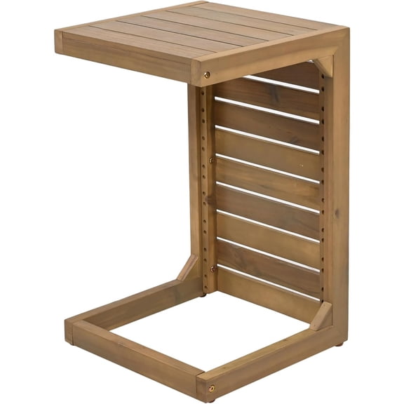 Outdoor C Shaped Side Table, Weather Resistant Acacia Wood Patio Side Table Coffee End Table for Garden Porch Lawn (Brown)