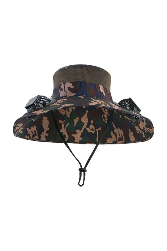 Outdoor Camo Solar Fan Sun Hat for Men Women Wide Brim UV Protection Fishing Cap with Dual Solar Powered Cooling Fans Breathable Mesh Safari Hat for Hiking Camping and Travel Gear Accessory Set