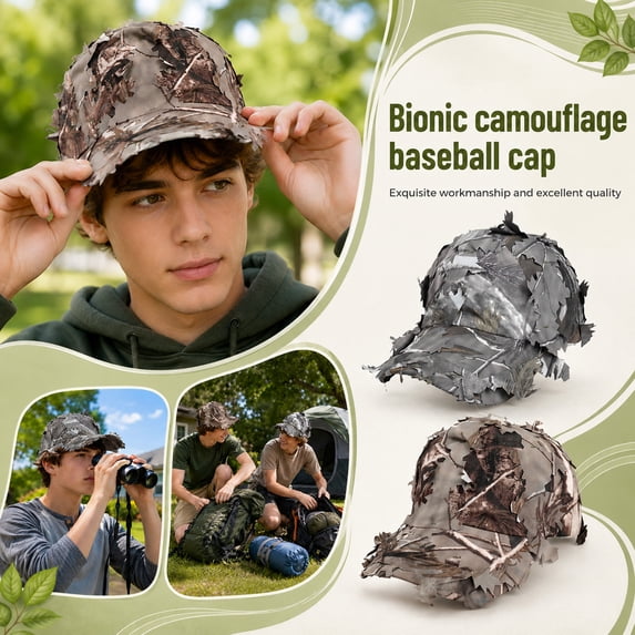 Outdoor Camouflage Headgear, 3D Camo Cap with Ghillie Leaves, Leafy Camo Hat for Woodland Scenarios, Concealment Headwear for Field Activities, 24 in Circumference, 3 in Brim