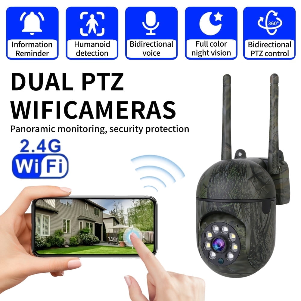 Outdoor Camouflage PTZ Security Camera, 1080P Full-Color Night Vision, Dual Antenna 2.4G WiFi, Motion Detection, Two-Way Audio, Waterproof Surveillance Camera.